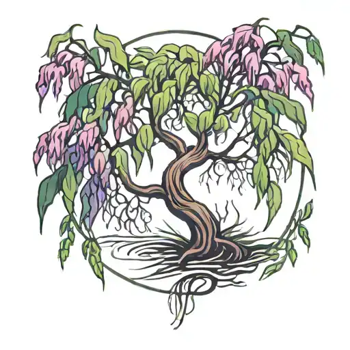 Weeping Willow Tree With Purple And Green Leaves Blowing