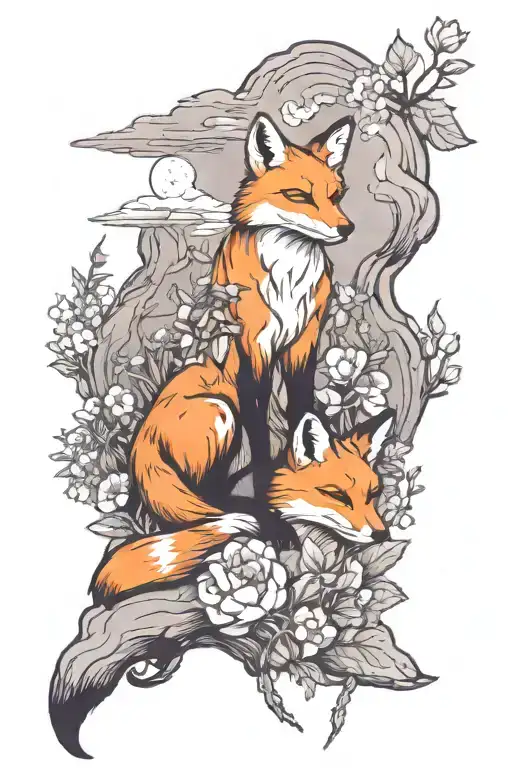 Fox Full Body With Mountain And Trees Surrounded By Flowers