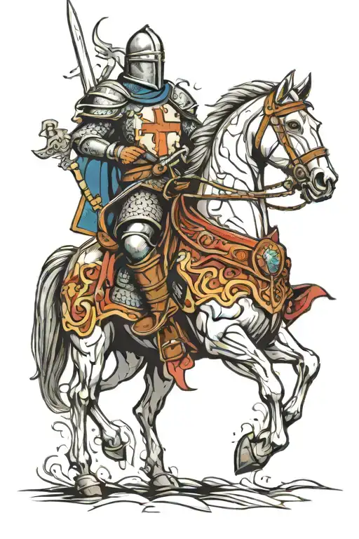 Crusader Knight Slowly Rides On A Horse With A Sword In His Hand