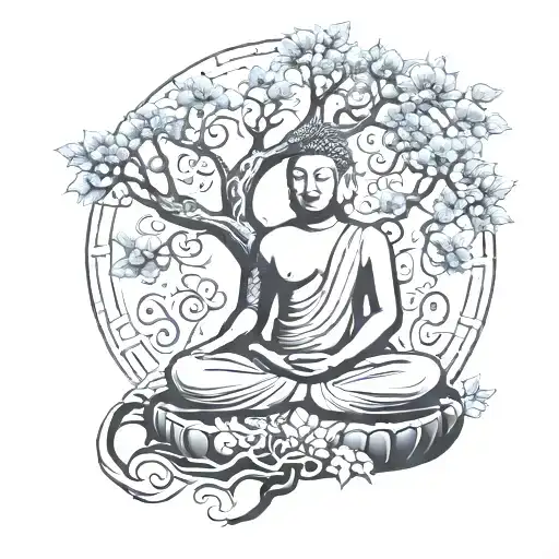 Silloette Of A Sitting Buddah With A Tree Of Life And Fibonnaci Symbol
