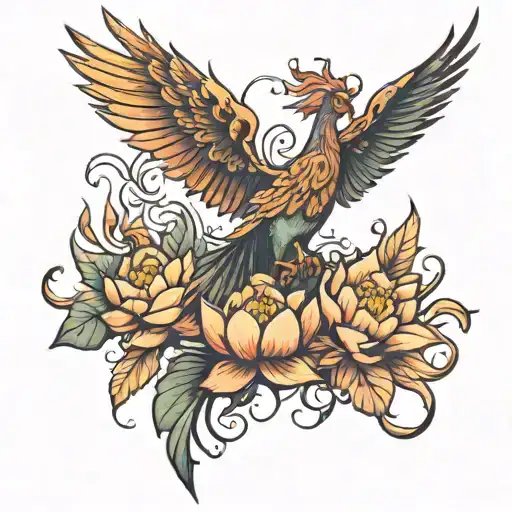 Pheonix With Lotus And Butterflies Surrounding