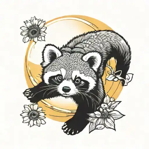 Red Panda Facing At The Sunset With Sunflowers Coming