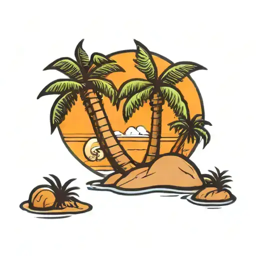Desert Island Outline With Cartoon Peanut Leaning On A Palm Tree
