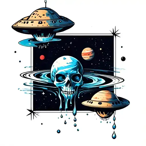 Water Into Space With Ufo Skulls And Planets