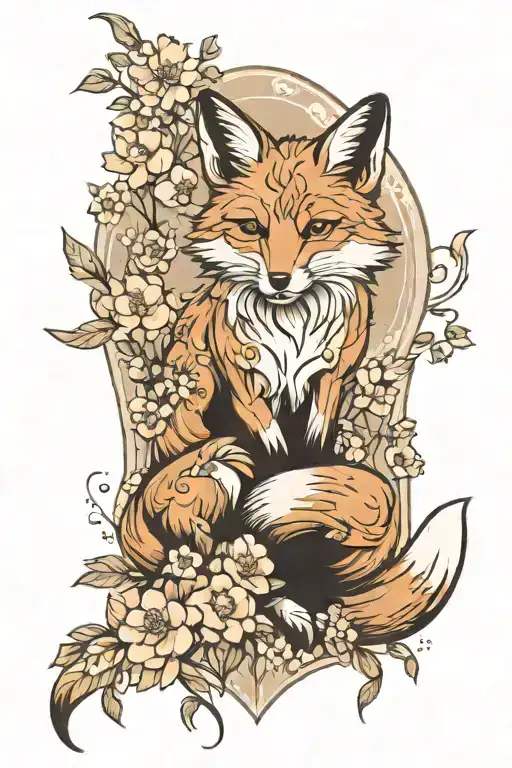 Fox Full Body With Mountain And Trees Surrounded By Flowers