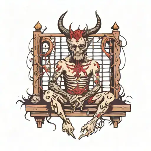Scary Devil Sat In A Cage Holding A Hear