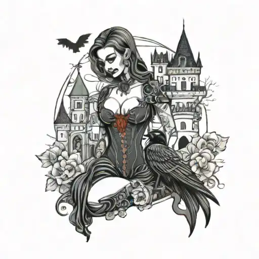 Sexy Vampire With Castle And Crow Holding