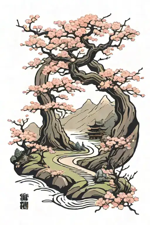 Winding Trail Surrounded By Cherry Blossom Tree Ending With A Samurai
