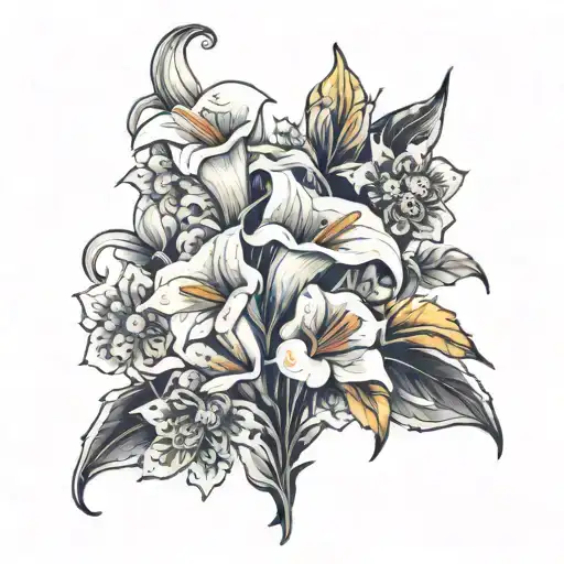 White Calla Lily And Daffodil And Chrysanthemum