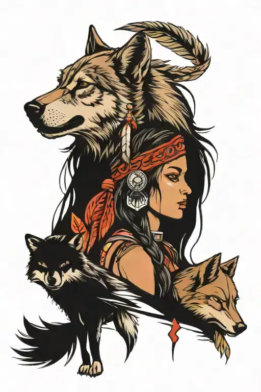 Native American Girl And Wolf Head