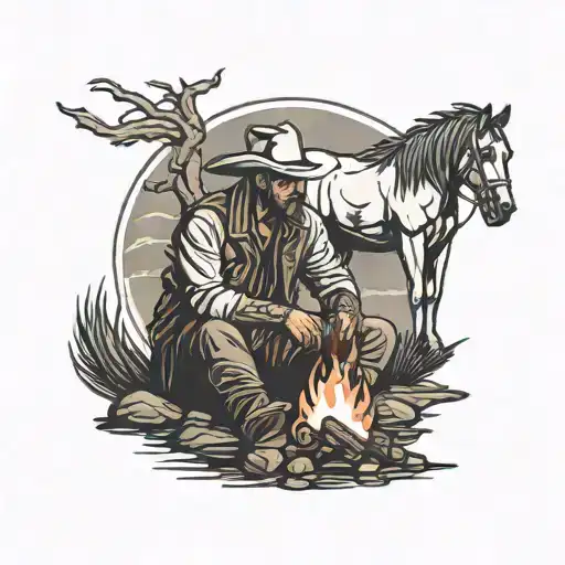 Lone Cowboy Sitting By A Campfire