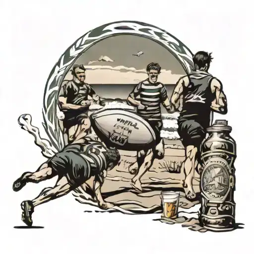 Beach With Boys Running Away Passing A Rugby Ball And Two Beer Bottles Sitting In The Same