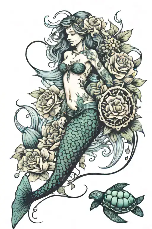 Mermaid With Flowers And Sea Turtle Swimming