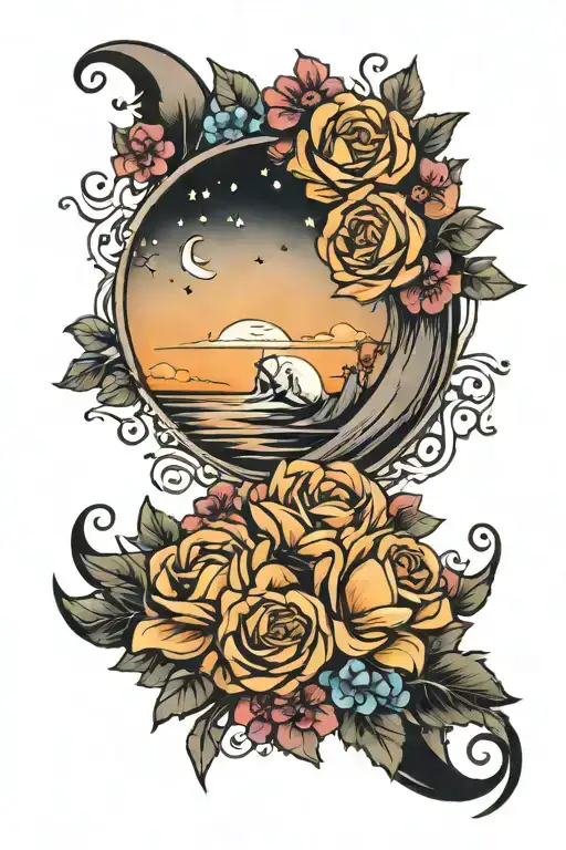Cresent Moon With Flowers And Sunset Background