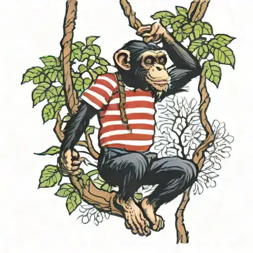 Chimpanzee Swinging From A Tree Wearing A Red And White Striped Shirt