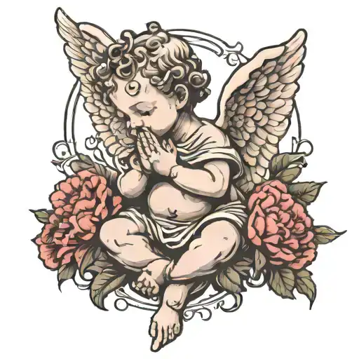Praying Cherub With Rosary Beads And Carnations