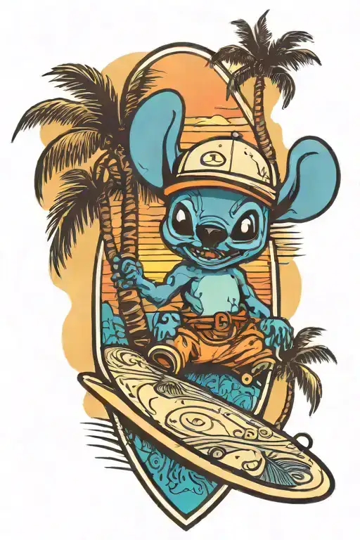Stitch In A Cap On A Surfboard Against The Backdrop Of Sunset And Palm Trees