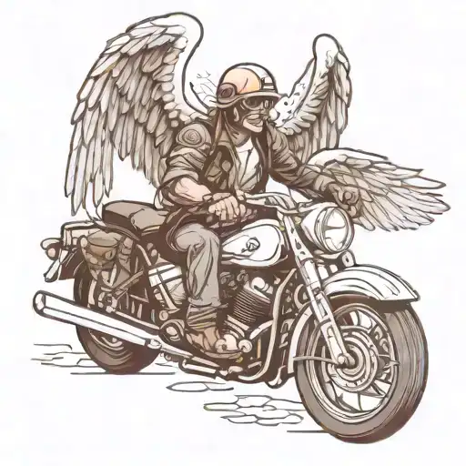 Motor Bike Rider With Angel Wings And Mountains Turning