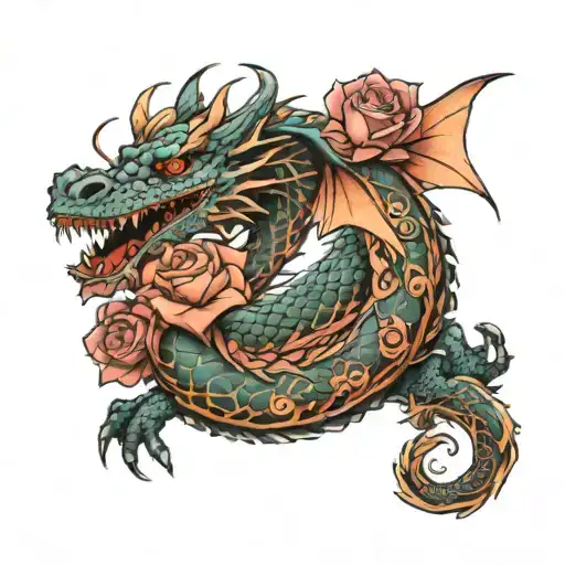 Dragon With English Rose Intertwined