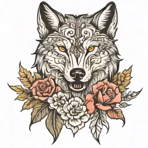 Wolf Head With Floral And Mushroom Border