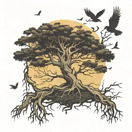 Dead Tree With Roots With Birds Flying Around It