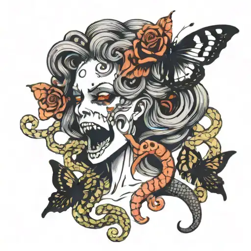 Medusa Skull Screaming With Butterfly Coming Out Of Her Mouth And Snake Coming Out Of Her Mouth
