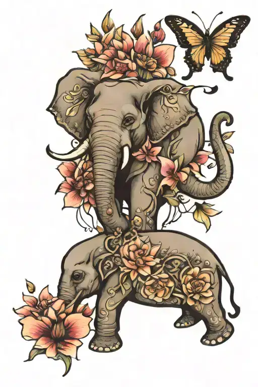 Elephant Lotus Butterfly Tattoo Design