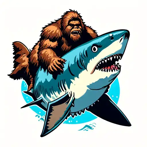 Sasquatch Riding A Shark Cartoon