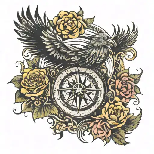 Phoenix With Viking Compass And Flowers Growing