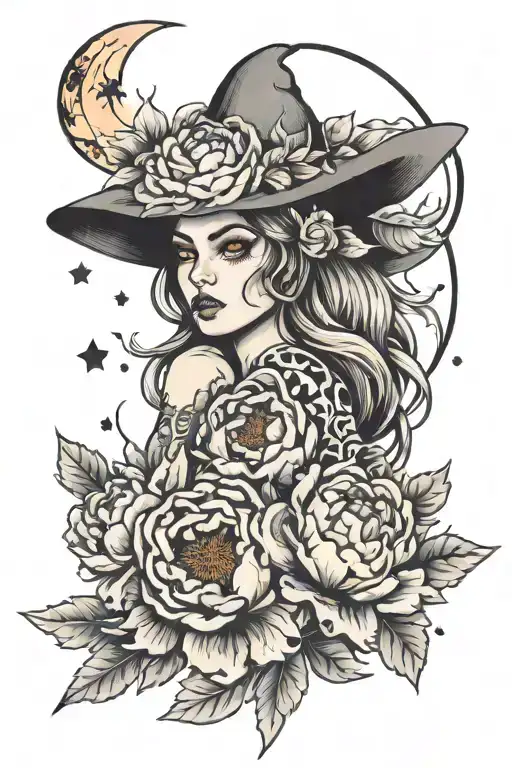 Sketch Tattoo Girl Witch On Fire Moon Peonies Flower