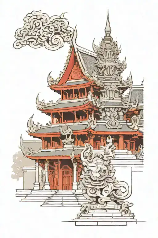 Thai Temple Architecture Forming With Yaksha Black Grey