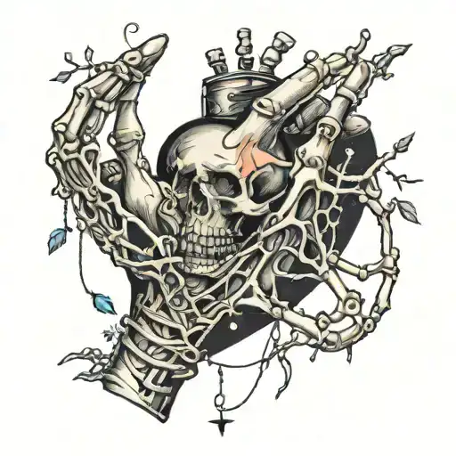 Heart With Stitches Hanging From A Hand With String And A Skeleton Hand Reaching For It