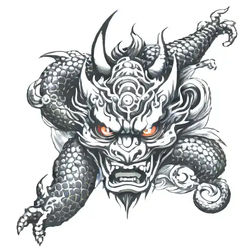 Japanese Dragon And Oni Mask Surrounded In Forearm