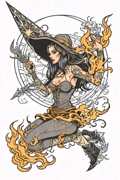 Sketch Tattoo Girl Witch On Fire Moon