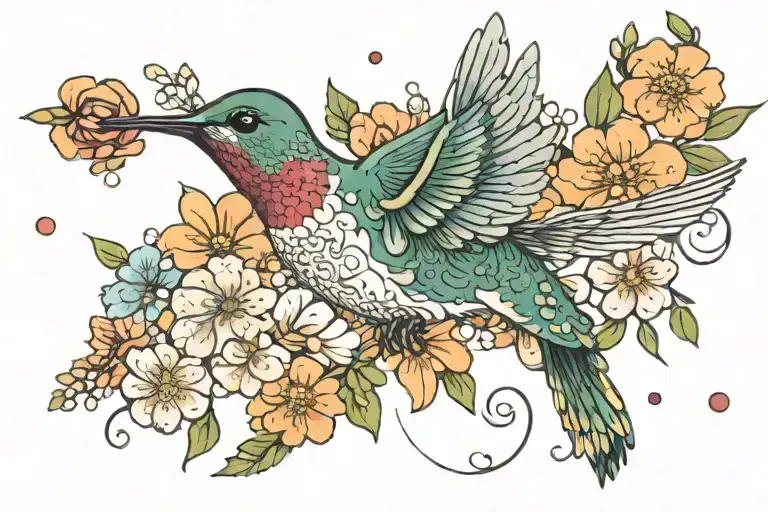 Hummingbird Surrounded By Flowers Blooming Full-colored