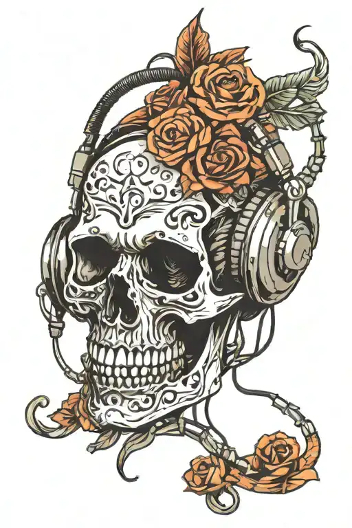 Skull Wearing Headphones Wrapped