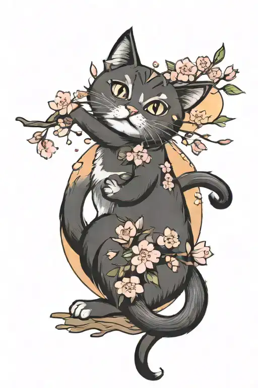 A Cat Reaching For The Moon Surrounded By Cherry Blossoms