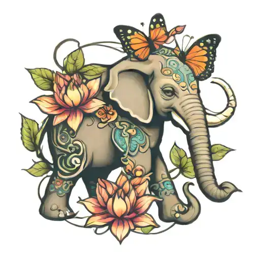 Elephant Lotus Butterfly Tattoo Design