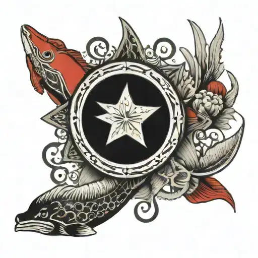 Red And Black With Marine Life Symbols Wales And Monterey