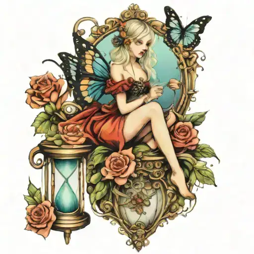Fairy Sitting On Hourglass Roses Butterflies On Thigh Women's