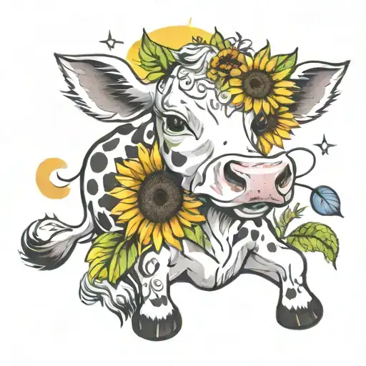 Baby Cow With Sunflowers And Rainbow