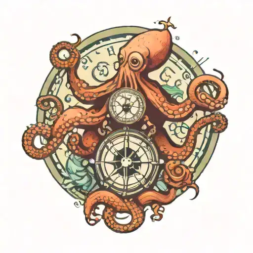 Octopus Holding A Compass Intertwined With Mermaid Swimming