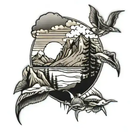 Beach Mountains Ocean Landscape Tattoo On Thigh Black And White