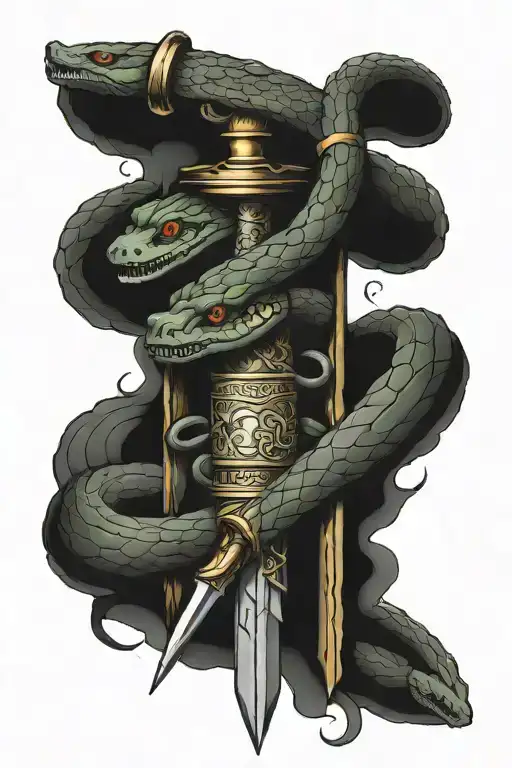Two Snakes Wrapped Around A Sword With Books At The Point