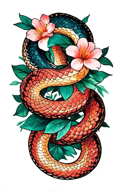 2 Snakes With Flowers Intertwined