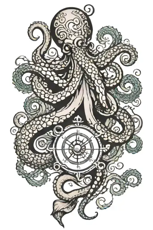 Octopus Holding Compass Intertwined With Mermaid Swimming
