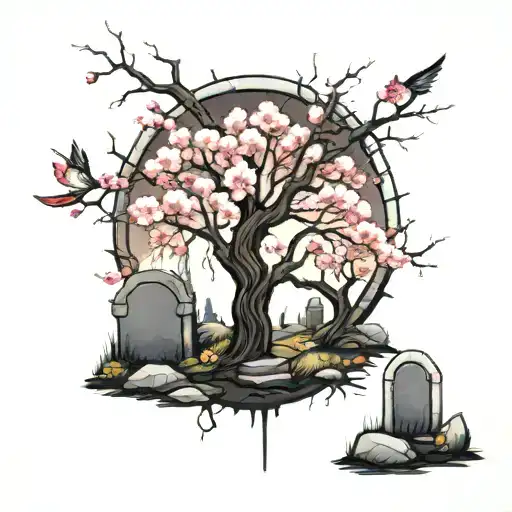 Cherry Blossom Tree In A Graveyard Scene With Tombstones