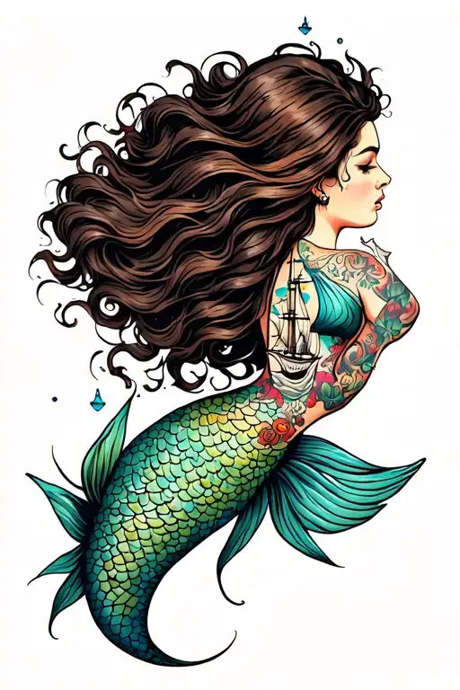 Mermaid With Tall Ship Tattooed On Her Neck