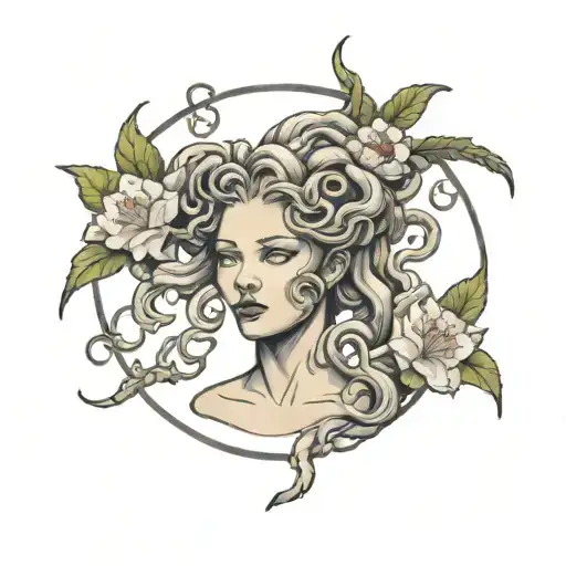 Medusa Head Tattoo Surrounded By Azalea Flowers Growing