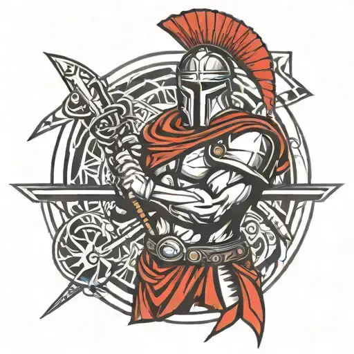 Spartan Holding Sword Geometric Tattoo Design